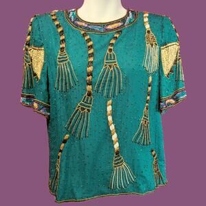 Vintage 1980s Lawrence Kazan Beaded Emerald Green and Gold Blouse, Medium